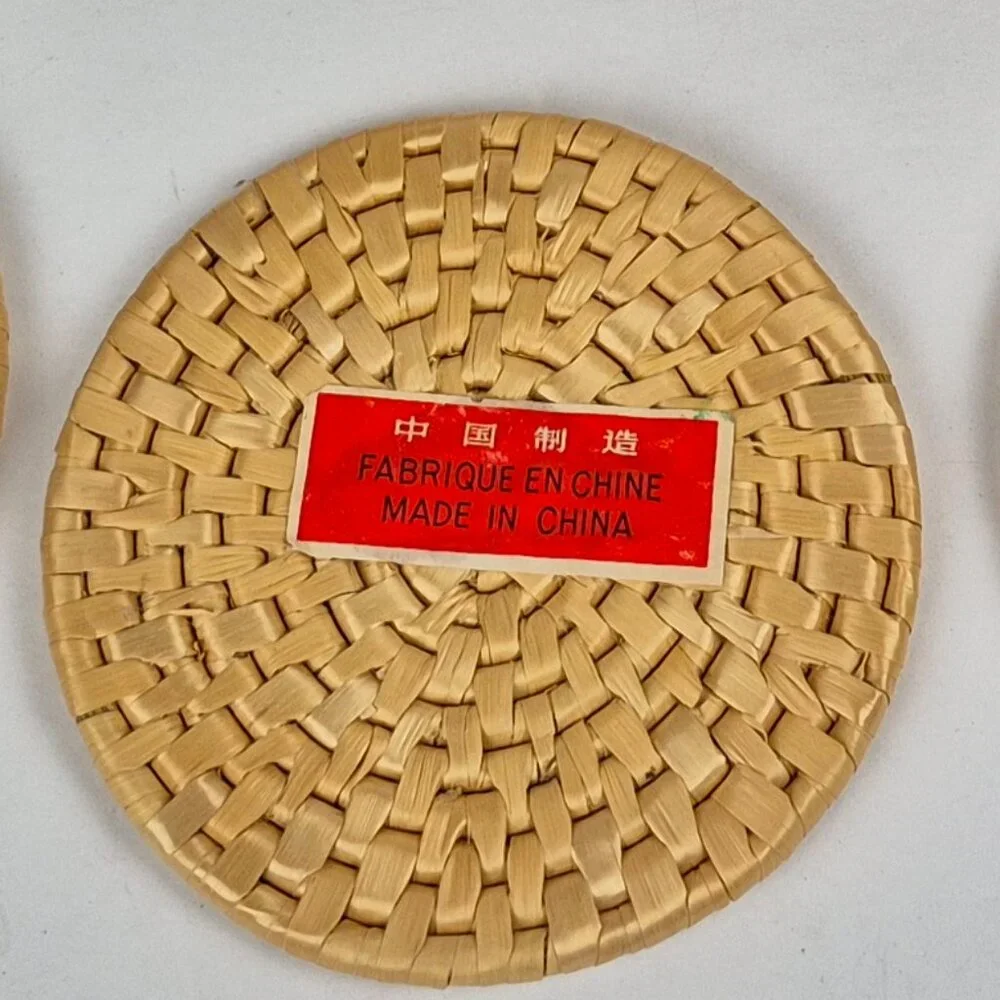 Vintage Wicker Rattan Coaster Set with Lidded Round Basket Case